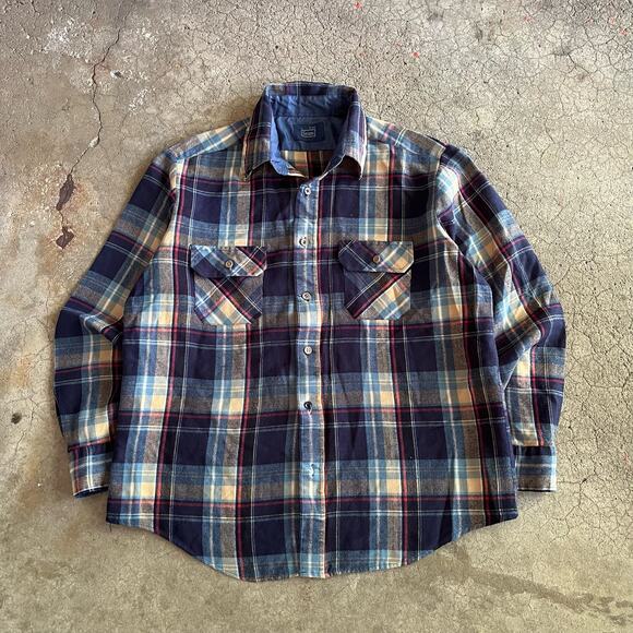 Vintage Sears Blue Red Plaid Long Sleeve Button Down Flannel Shirt 80s Mens L - Picture 1 of 10